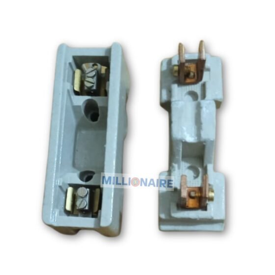Top and bottom view of 32A ceramic rewirable KitKat fuse unit with brass and copper connectors