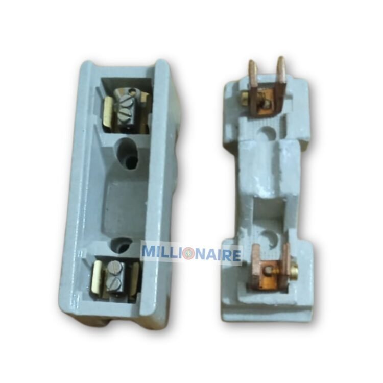 Top and bottom view of 32A ceramic rewirable KitKat fuse unit with brass and copper connectors
