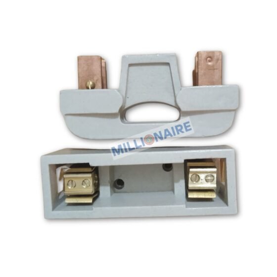 Open porcelain Kit Kat fuse unit by Millionaire, showing copper terminals, manufactured in Coimbatore