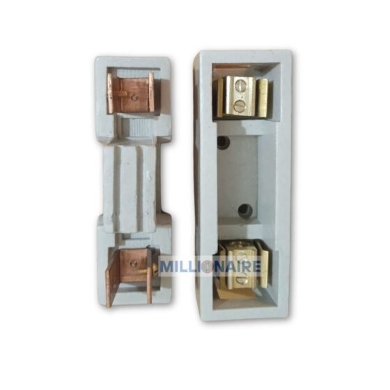 Separated components of a Millionaire Kit Kat fuse unit, showing the carrier and base with brass terminals